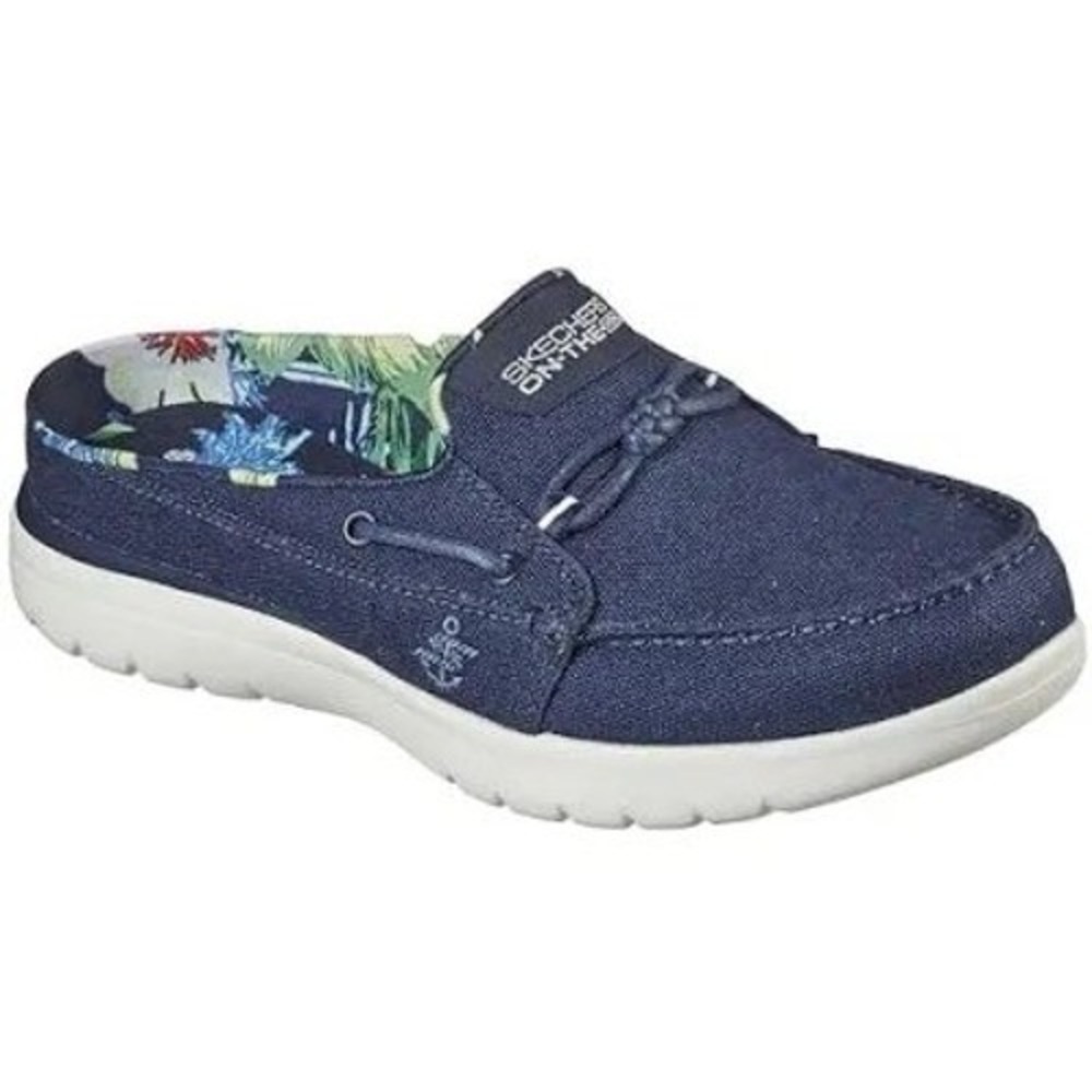 Skechers On The Go Flex Salt Water Navy Canvas Mule Boat Shoes Womens Sz 8